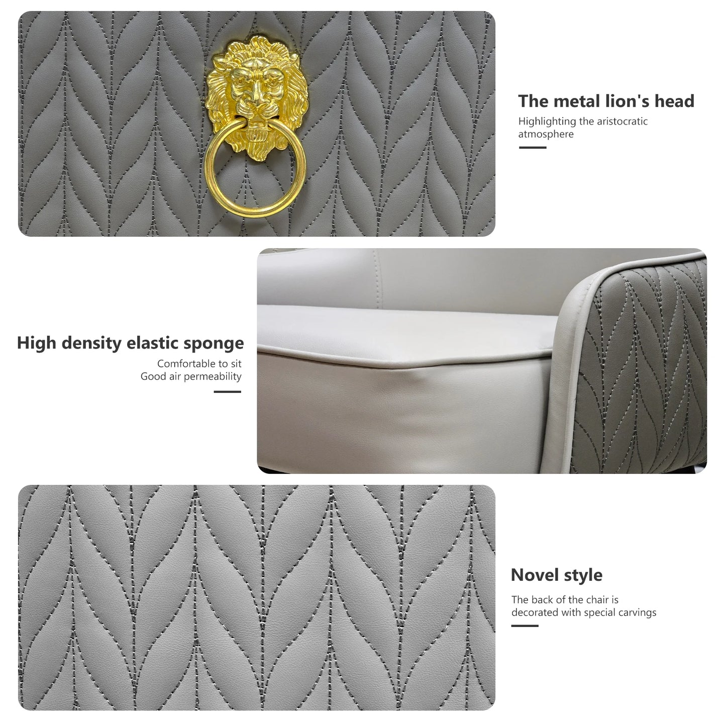 Modern PU Leather Set of 2 Dining Chairs with Metal Legs High Tufted Back Lion Head Pull Ring