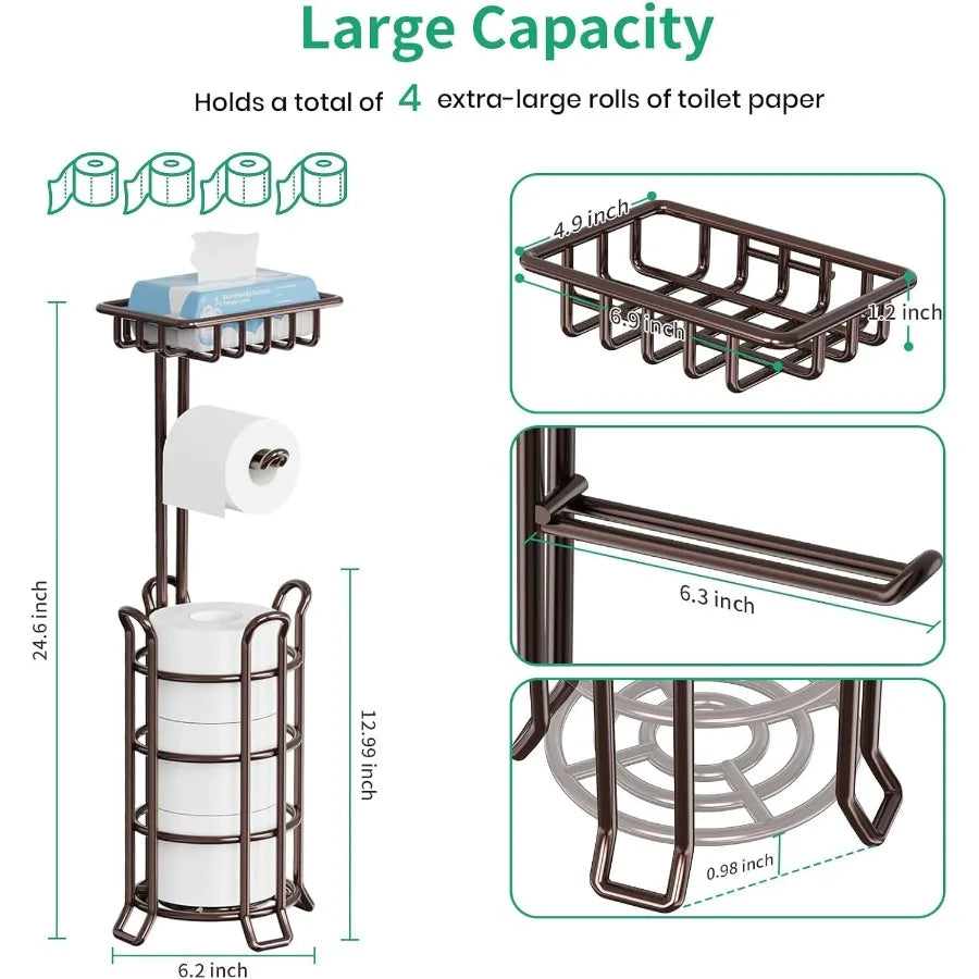 Upgraded metal freestanding toilet paper holder with 4 raised feet and integrated storage shelf for bathroom organization