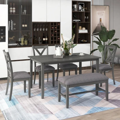 6-pc Dining Table Set Wooden Rectangular Dining Table, 4 Fabric Chairs and Bench Family Furniture (Gray)