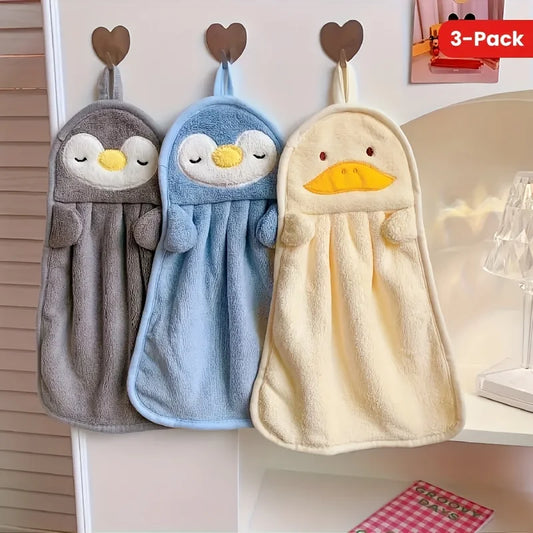 3-Piece Cute Penguin & Duck Cartoon Hand Towels, Coral Fleece, Super Soft & Absorbent, Non-Shedding Bath Washcloths, 3 Colors