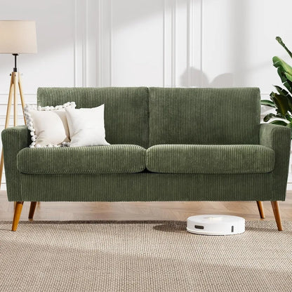 68" Loveseat Sofa Green Corduroy Couch, Mid Century Modern Love Seat Couches for Living Room