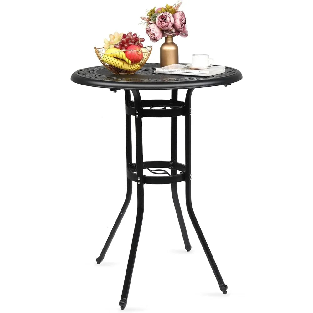 Cast Aluminum Bar Height Patio Table with Umbrella Hole - Tall Outdoor Bistro Table, 32" Dia x 41" H (Black)