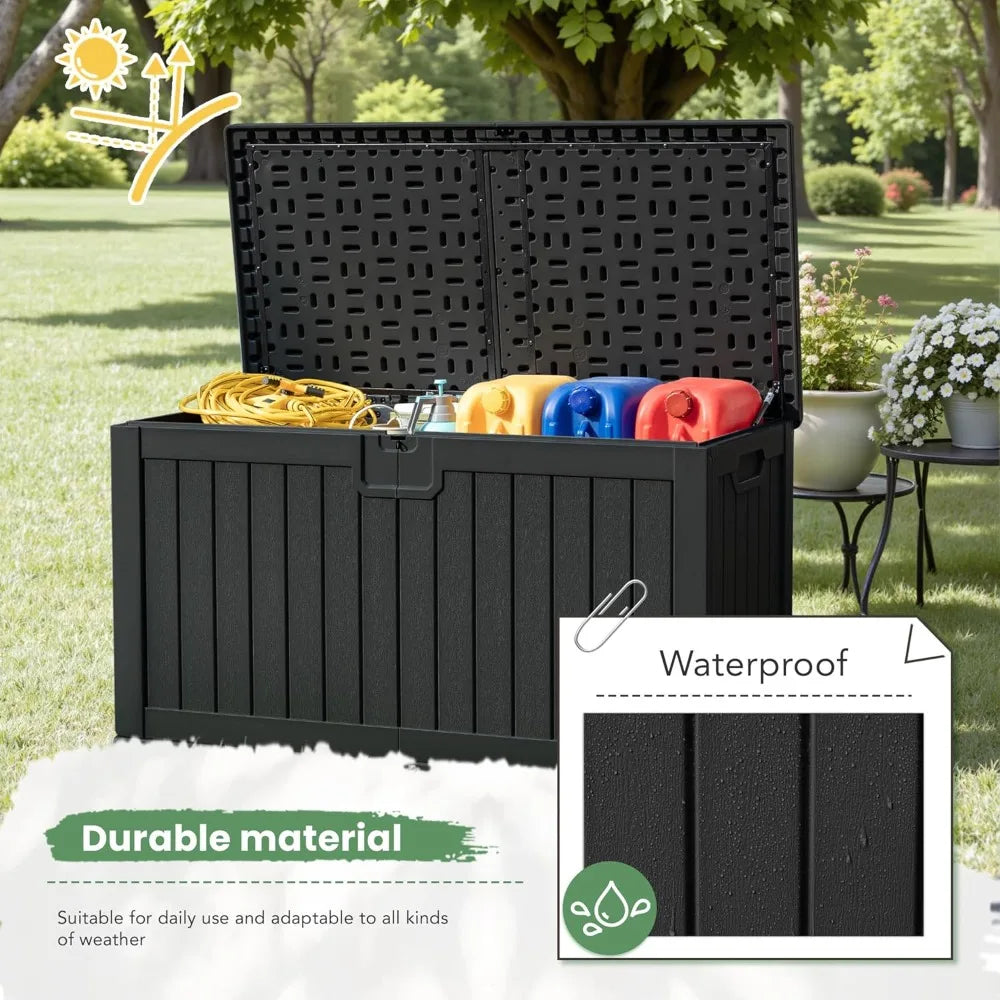 230 Gallon HDPE Black Outdoor Storage Box with Removable Dividers, Weatherproof Oversized Deck Box for Patio ,Garage
