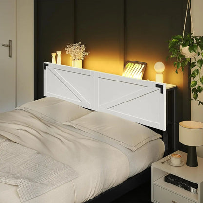 King Size Headboard with USB Ports, LED Lights, Storage Shelf and Bed Frame Adapter in White/Black