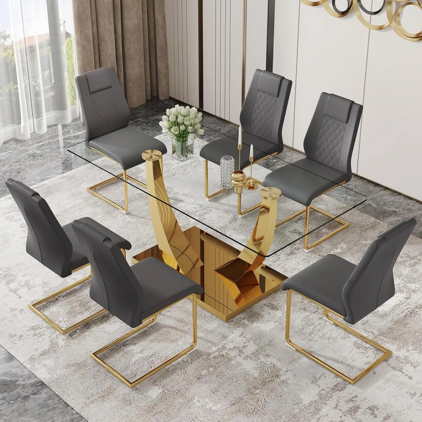Glass Dining Table Set for 6, Modern Kitchen Table Set for 6, 71" Tempered Glass Tabletop with U-Shaped Gold Base, 7 Ppiece