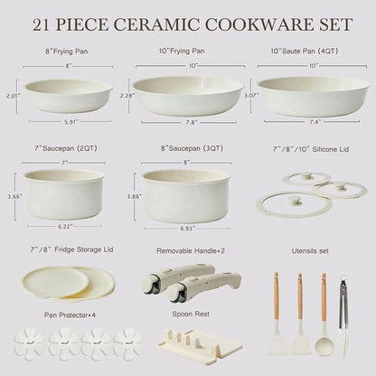 Pots and Pans Set Healthy Non toxic Non Stick Ceramic Cookware Set 21 Pcs Detachable Handles, Oven Safe, Induction Dishwasher