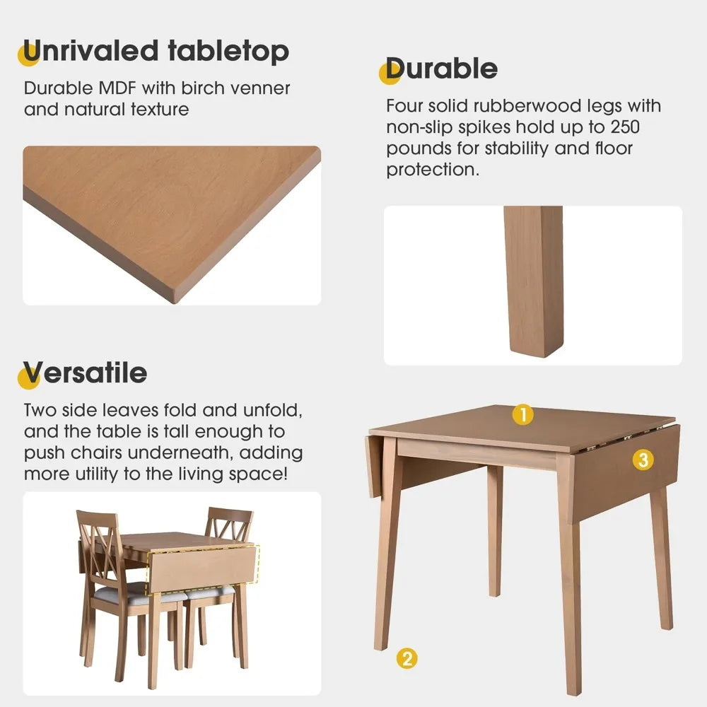 3-Piece Set – Drop-Leaf Table & 2 Upholstered Chairs, Wooden Dining Set for Small Spaces
