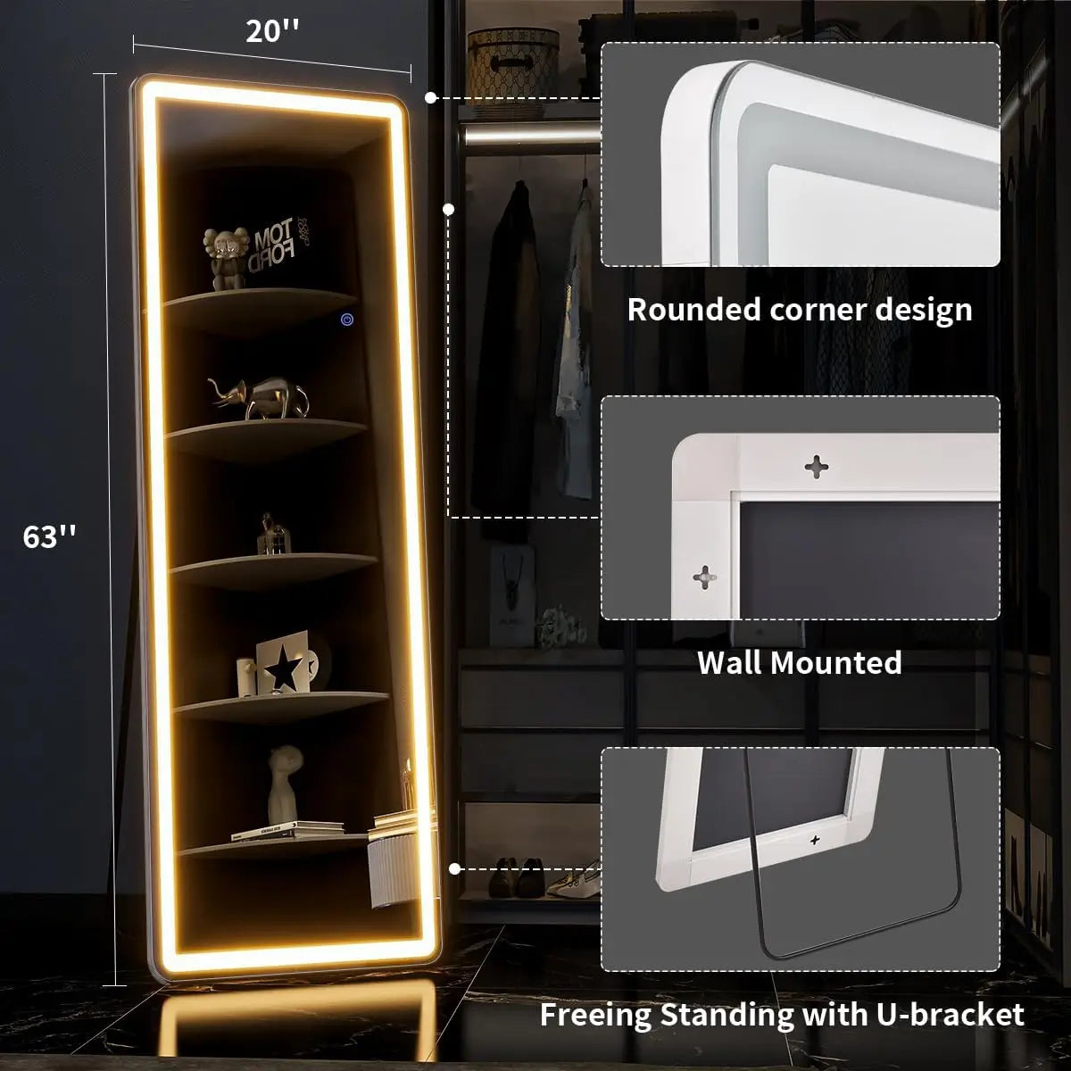 63"x20" Full Length Mirror with Lights,LED Mirror Full Length,Lighted Floor Mirror with Stand,Full Body Mirror with Dimming