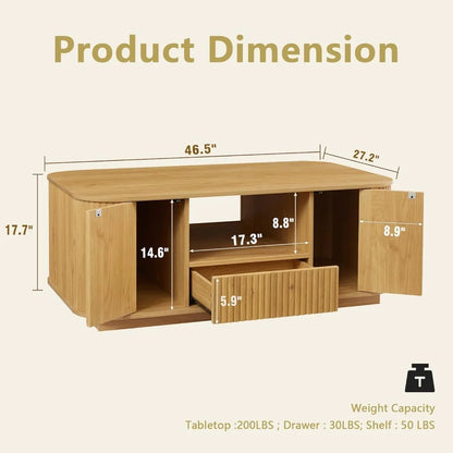 Modern Oval Coffee Table with Storage for Living Room, Fluted Design, 2 Drawers, Open Shelf, and 2 Compartments