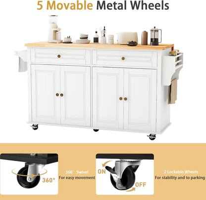 White Kitchen Island Cart with Wood Top Drop Leaf Wheels Drawer Storage Cabinet Spice Rack Towel Rack