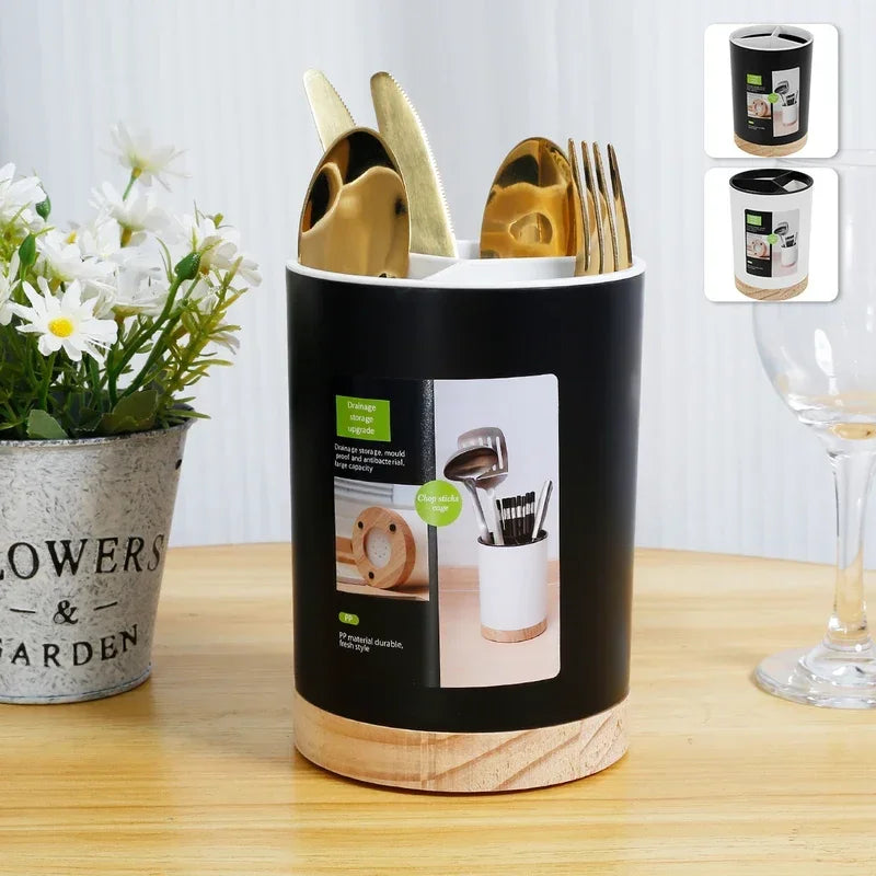 Kitchen Utensil Storage Holder Rotatable 3-Grid Tableware Drainer Chopstick Spoon With Removable Divider NE