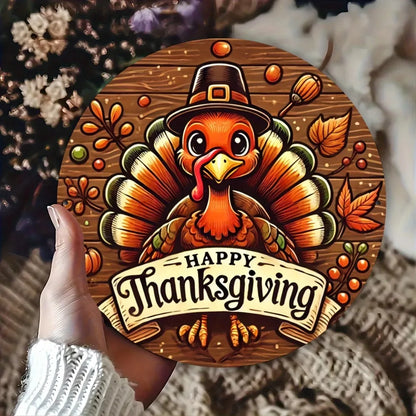Happy Thanksgiving Aluminum Alloy Wall Art  with Whimsical Turkey, Autumn Leaves & Pumpkins Design - Home, Cafe, Bar Wall