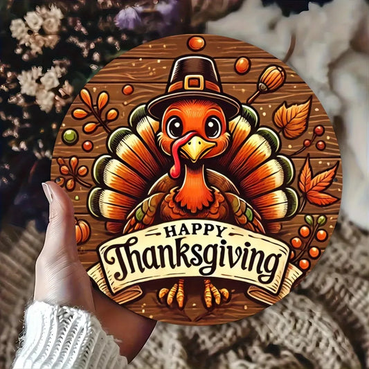 Happy Thanksgiving Aluminum Alloy Wall Art  with Whimsical Turkey, Autumn Leaves & Pumpkins Design - Home, Cafe, Bar Wall