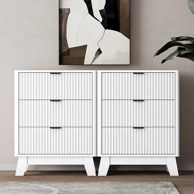 Night Stand Set 2,Mid Century Modern Fluted Wood Nightstand with Drawers & Metal Handles, Farmhouse Nightstand for Bedroom