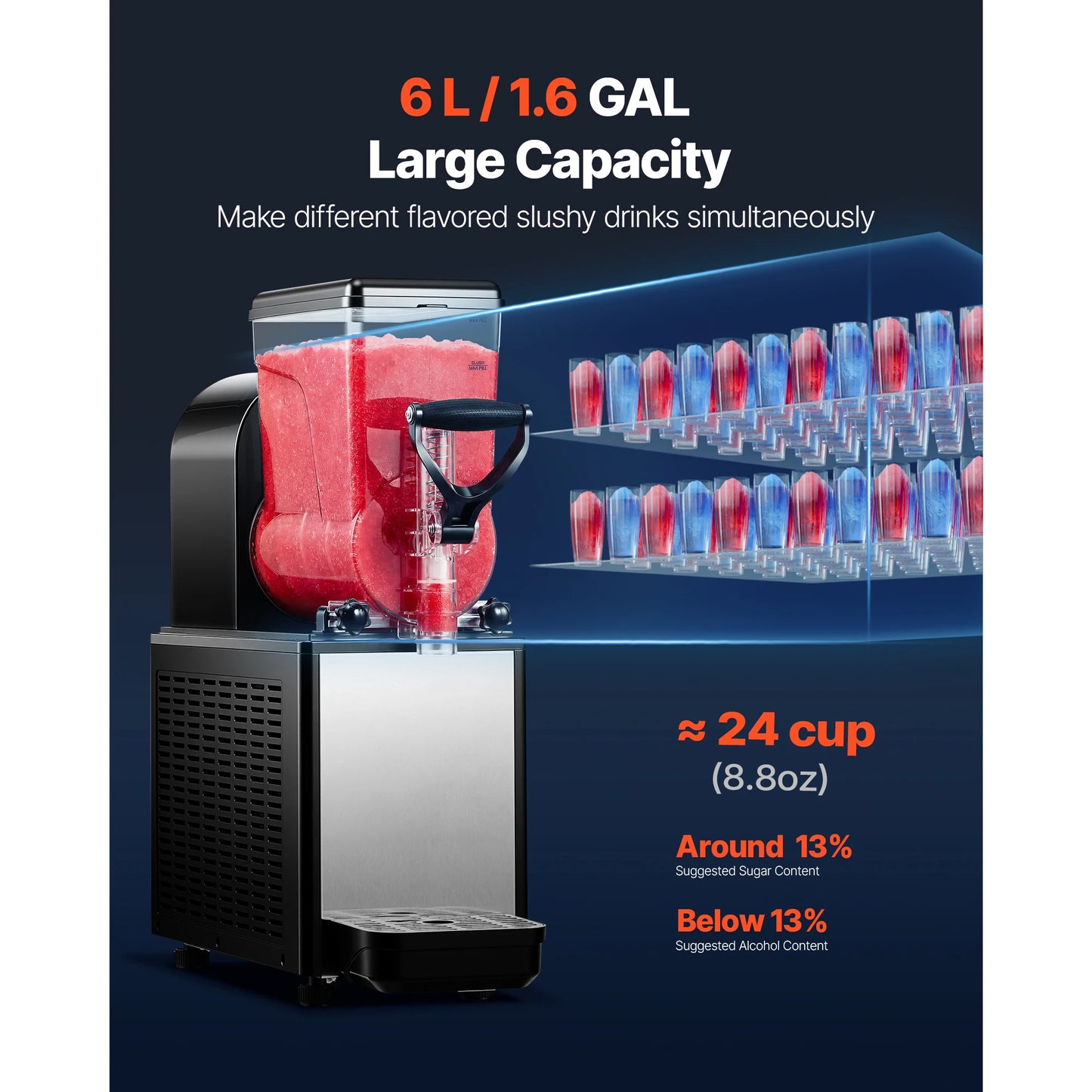 6L/1.6Gal Slushie Machine Commercial Slushy Maker Frozen Drink Maker w/ Self-Cleaning for Restaurants Bars for Slushie