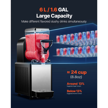 6L/1.6Gal Slushie Machine Commercial Slushy Maker Frozen Drink Maker w/ Self-Cleaning for Restaurants Bars for Slushie