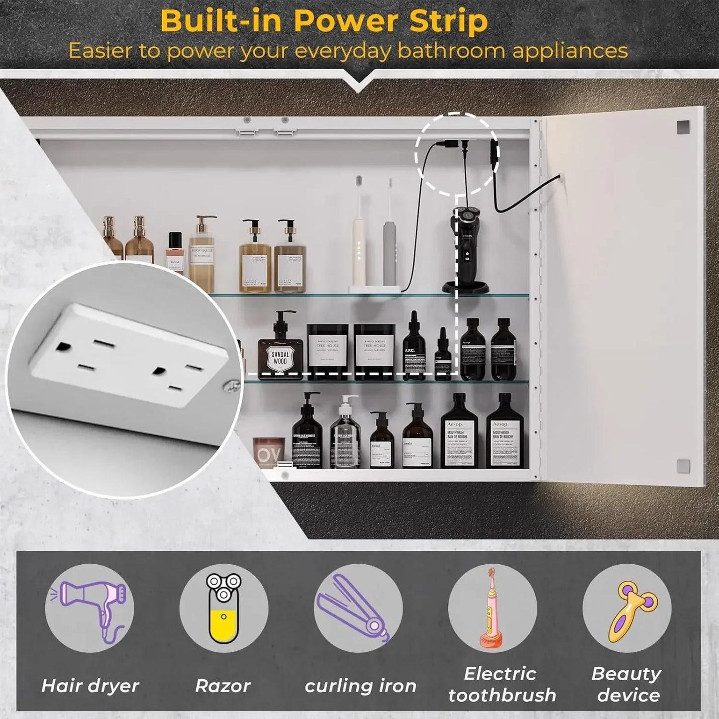 Lighted Medicine Cabinet with Mirror, Wall Mounted Bathroom Mirror with Storage, 2 Doors Bathroom Wall Cabinet with LED Lights