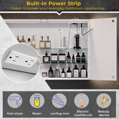 Lighted Medicine Cabinet with Mirror, Wall Mounted Bathroom Mirror with Storage, 2 Doors Bathroom Wall Cabinet with LED Lights