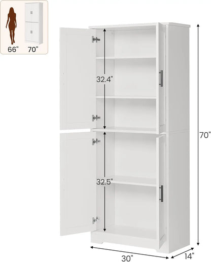 70 Inch Tall Kitchen Pantry Cabinet, Freestanding Storage Cabinet with 4 Doors and Adjustable Shelves, Utility Hutch Cupboard fo