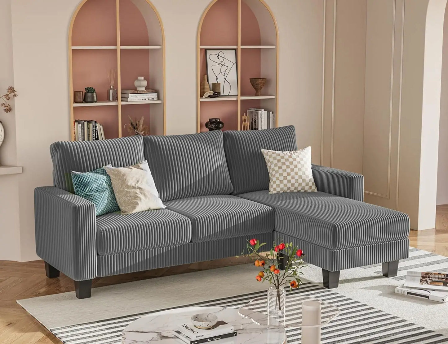 L-Shaped 3-Seater Sofa - Convertible Chaise Corduroy Couch for Small Spaces