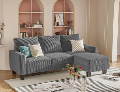L-Shaped 3-Seater Sofa - Convertible Chaise Corduroy Couch for Small Spaces