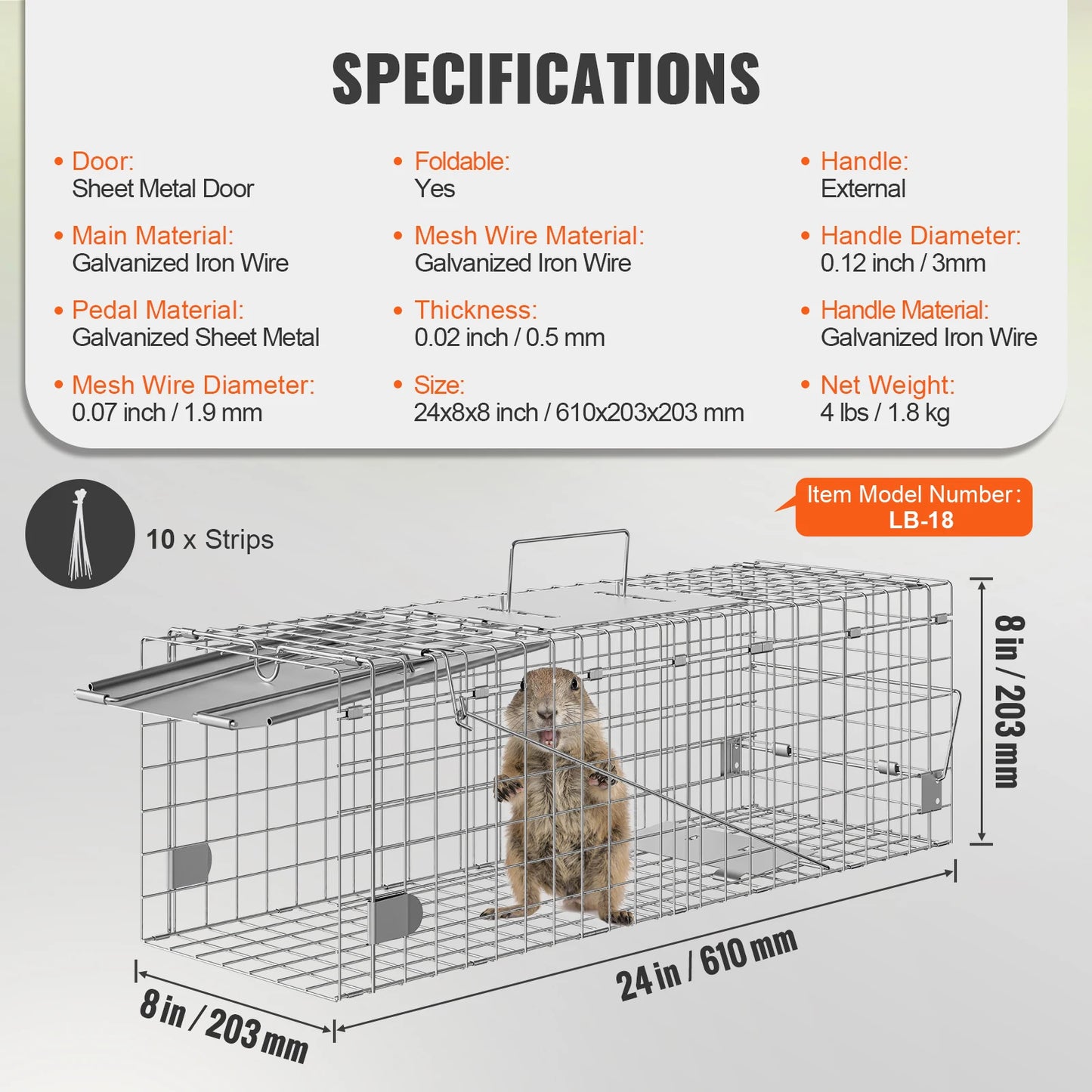 24/31/42/50in Animal Cage Trap Folding Humane Cat Trap Galvanized Iron with Handle for Rabbits Squirrels Groundhogs