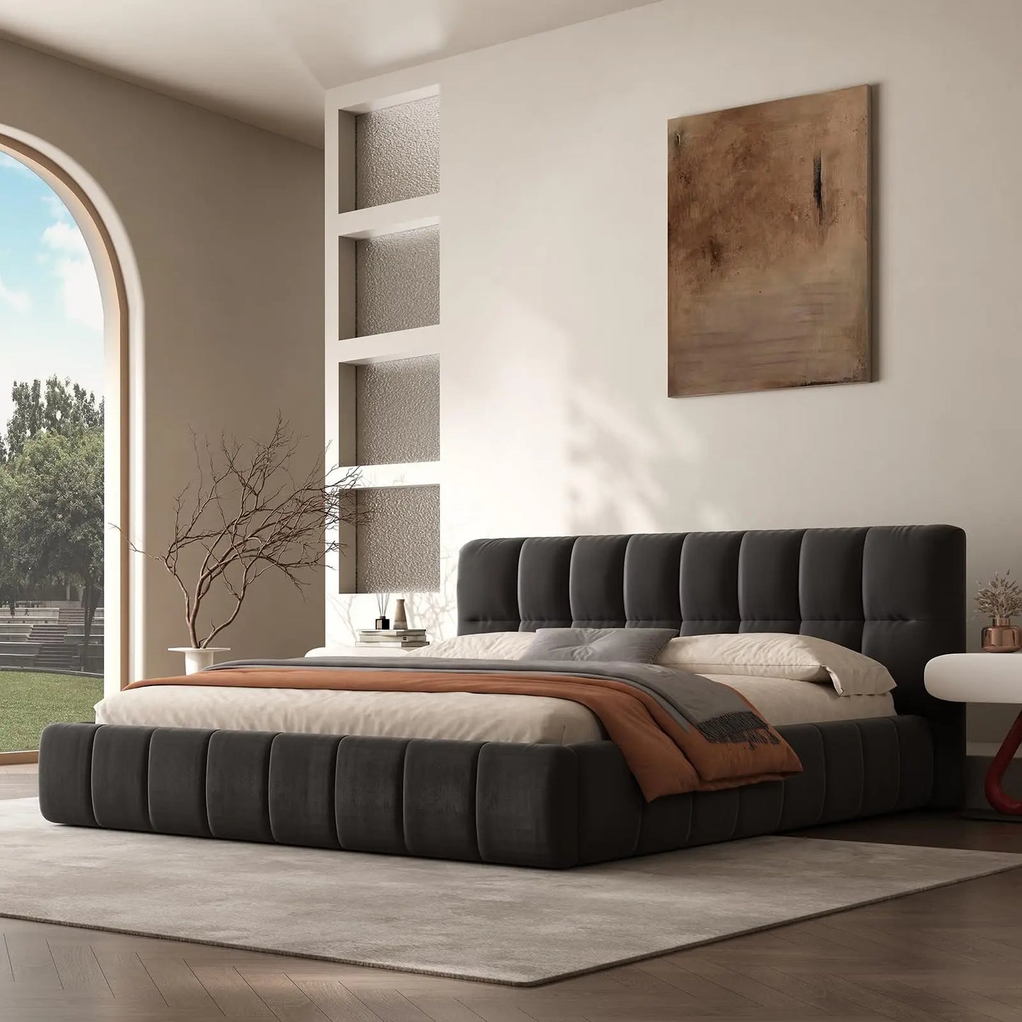 Queen Size Modern Cloud Platform Bed with 38.5-inch High Extra-Thick Soft Headboard, Includes Footboard, Block Design, Cream Uph