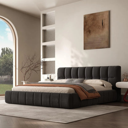 Queen Size Modern Cloud Platform Bed with 38.5-inch High Extra-Thick Soft Headboard, Includes Footboard, Block Design, Cream Uph