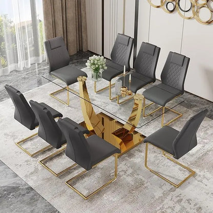 Glass Dining Table Set for 6, Modern Kitchen Table Set for 6, 71" Tempered Glass Tabletop with U-Shaped Gold Base, 7 Ppiece