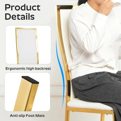 Modern Dining Chairs Set of 4 White Faux Leather with Chrome Gold Metal Legs, Curved High Back Design & Cloud Cushioning, Mid-Ce
