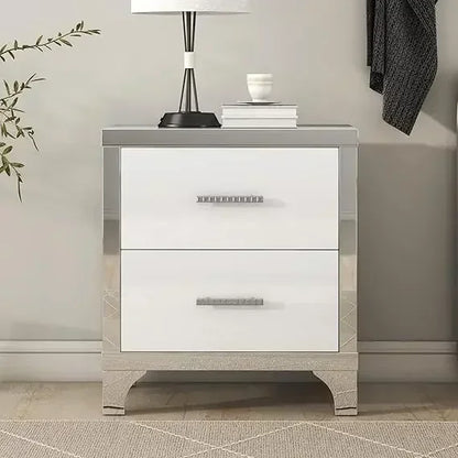 Elegant White High Gloss 2-Drawer Mirrored Nightstand with Metal Handles and Legs, Ideal for Bedroom and Living Room