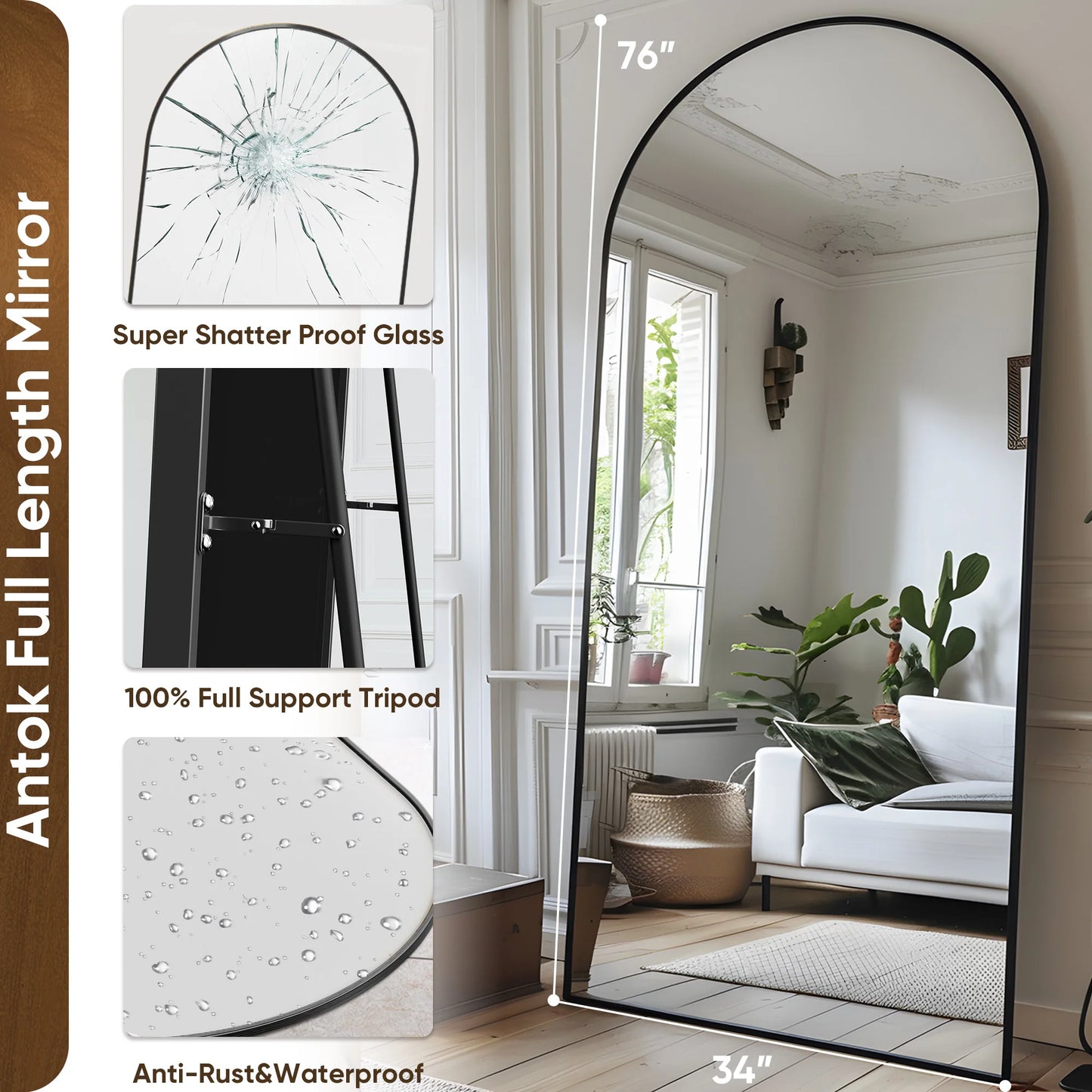 Arch Floor Mirror, 76"x34" Full Length Mirror - Freestanding Full Body Mirror with Stand for Bedroom or Living Room