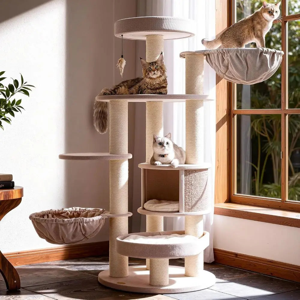 XXL Sturdy Luxury Cat Tree Tower for Large Indoor Cats, 65 Tall with Hammock, Scratching Post, and Condo