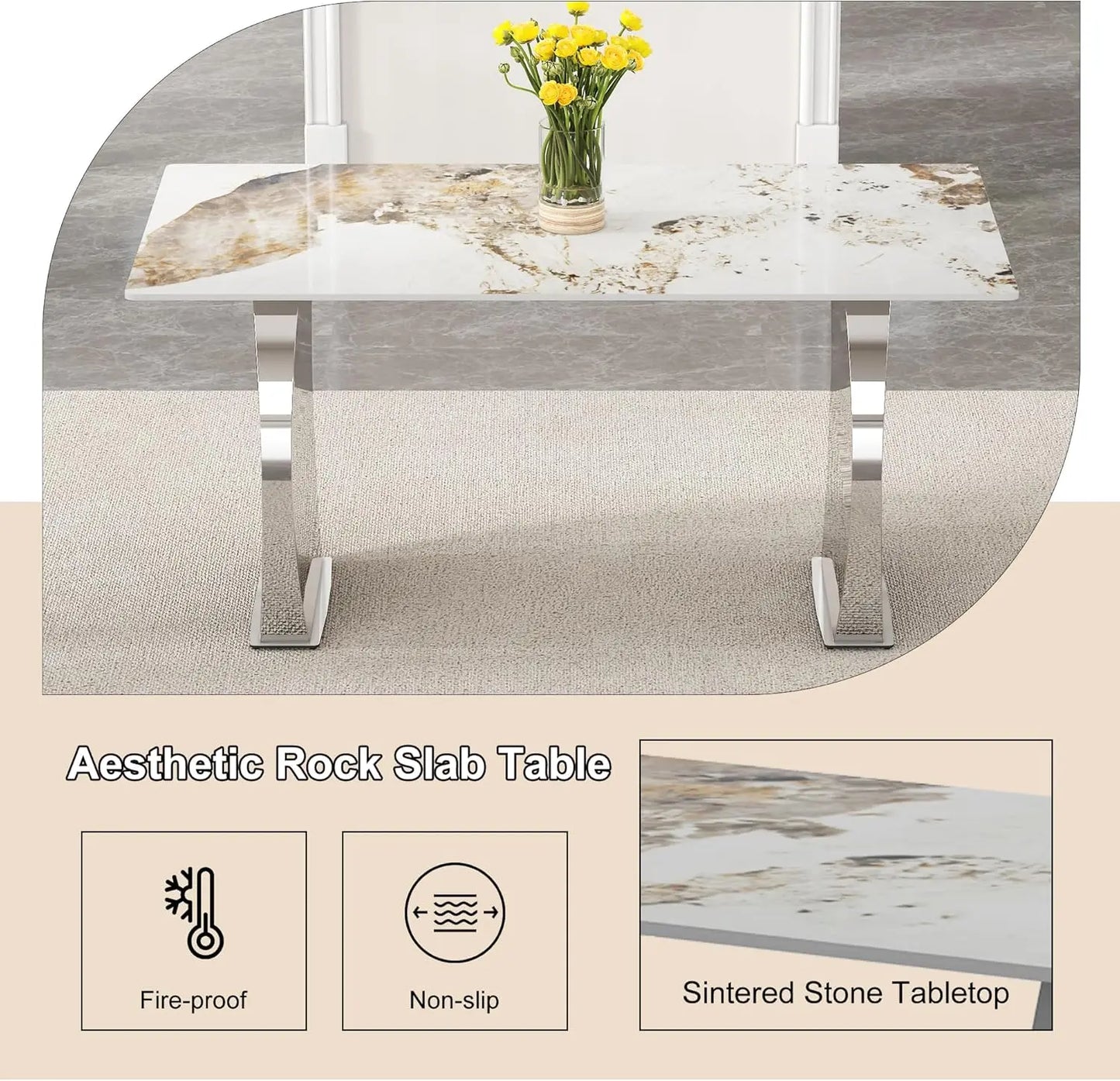 5-Piece Rectangular Faux Marble Dining Set with 4 White Chairs