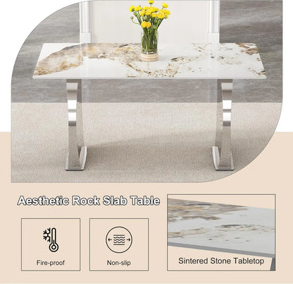 5-Piece Rectangular Faux Marble Dining Set with 4 White Chairs
