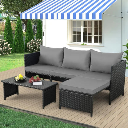 3-Piece Outdoor PE Rattan Furniture Set Patio Black Wicker Conversation Loveseat Sofa Sectional Couch Gray Cushion