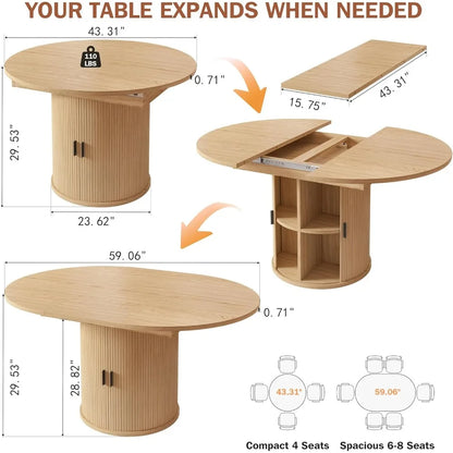 Extendable Dining Table 43-59" for 4-6 People, Solid Wood Top with Fluted Slide Door & 8-Compartment Storage, Space-Saving Desig