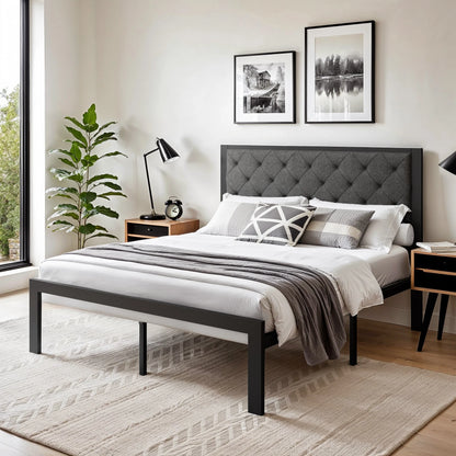 Metal Bed Frame with Upholstered Finely Stitched Headboard, , Sturdy Foundation, No Box Spring Needed