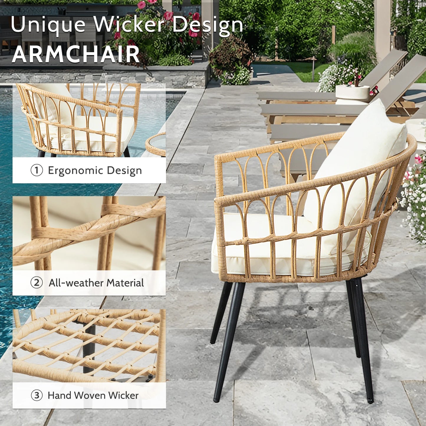 3 Piece Patio Porch Furniture Sets - Outdoor Wicker Chairs Bistro Set w/Cushions & Table for Balcony Lawn Pool Backyard