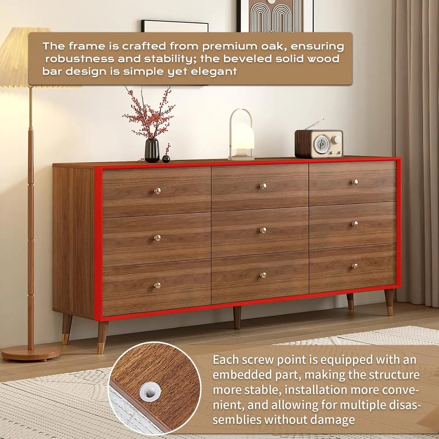 9 Drawer Dresser for Bedroom, 63 Inch Walnut Dresser for Closet, Mid Century Wood Chest of Drawers with Natural, Customized