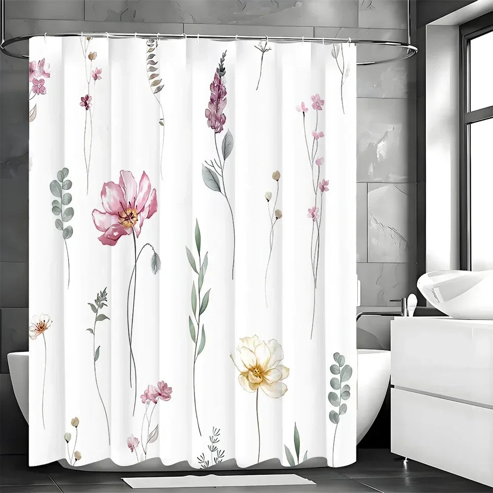 Watercolor Flower Shower Curtain, Bathroom Decorative Shower Curtain, Waterproof Shower Curtain with Hooks