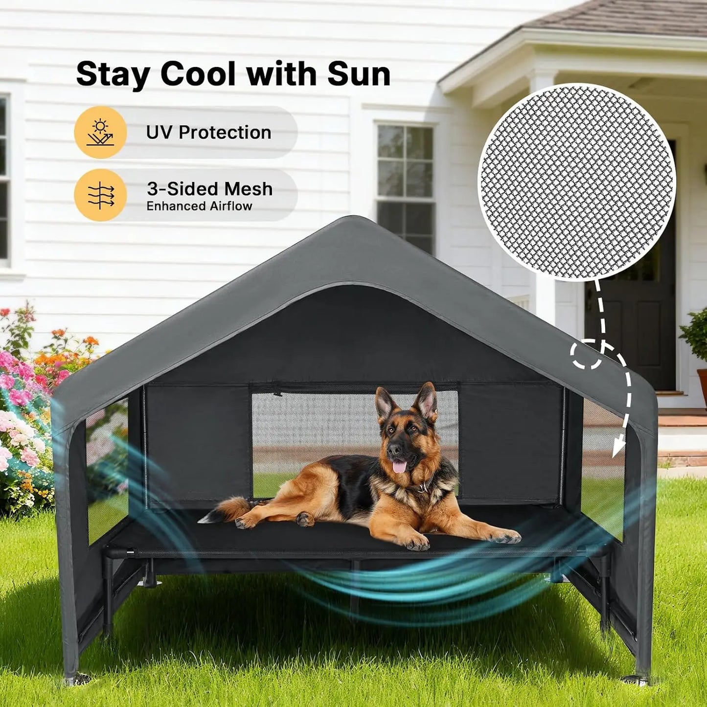 Large Dog House Outdoor with Elevated Bed, Weatherproof Pet Tent Shelter 4.1x4.1x3.3ft for Dogs Cats, Grey