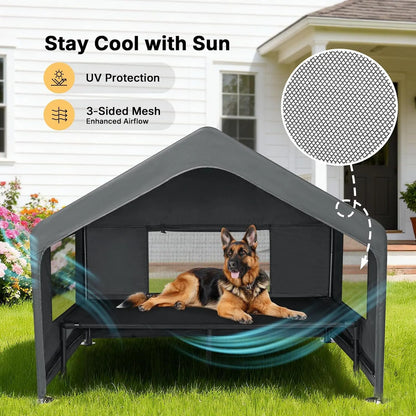 Large Dog House Outdoor with Elevated Bed, Weatherproof Pet Tent Shelter 4.1x4.1x3.3ft for Dogs Cats, Grey