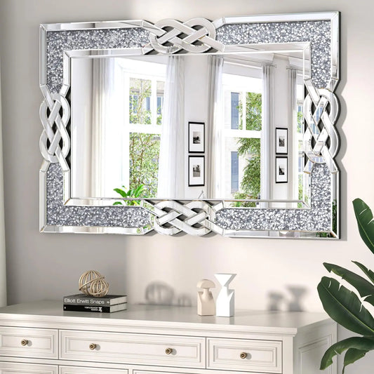 90/100/120CM Large Crystal Crush Diamond Mirror Vanity Silver Decorative Wall Hang Mirror for Bedroom Hallway Living Room