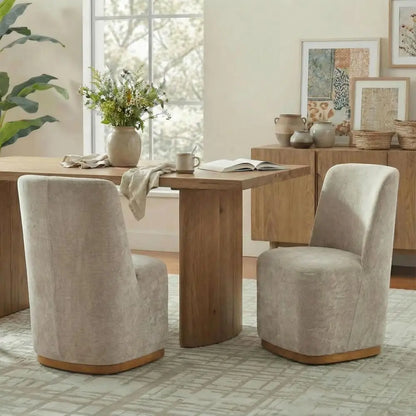 Chenille Upholstered Dining Chairs Set o 2, Sturdy Wooden Dining Chair with Pedestal Base,  Chair with Solid Ba