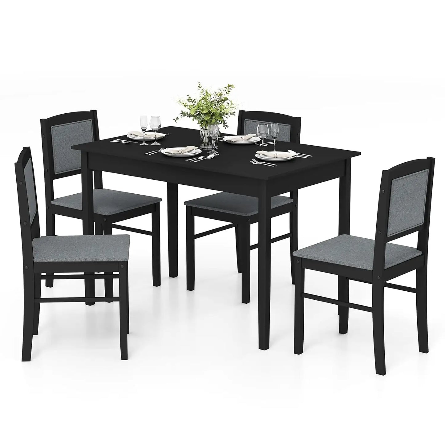 Dining Table Set for 4, Farmhouse Solid Wood Dinette Set w/Rubber Wood Legs, Upholstered Seat & Padded Backrest,, Customized