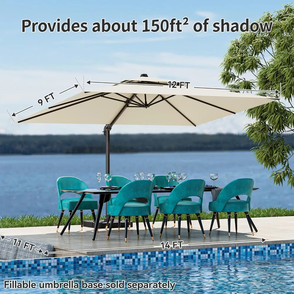 9' X 12' Cantilever Patio Umbrella 360°Rotation Rectangular Outdoor Large Offset Umbrellas Double Top Heavy Duty Windproof