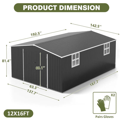 10x10~12x18FT Outdoor Metal Storage Heavy-Duty Frame Shed w/ Lockable Door, Heavy-Duty Tool Shed For Backyard Patio Graden