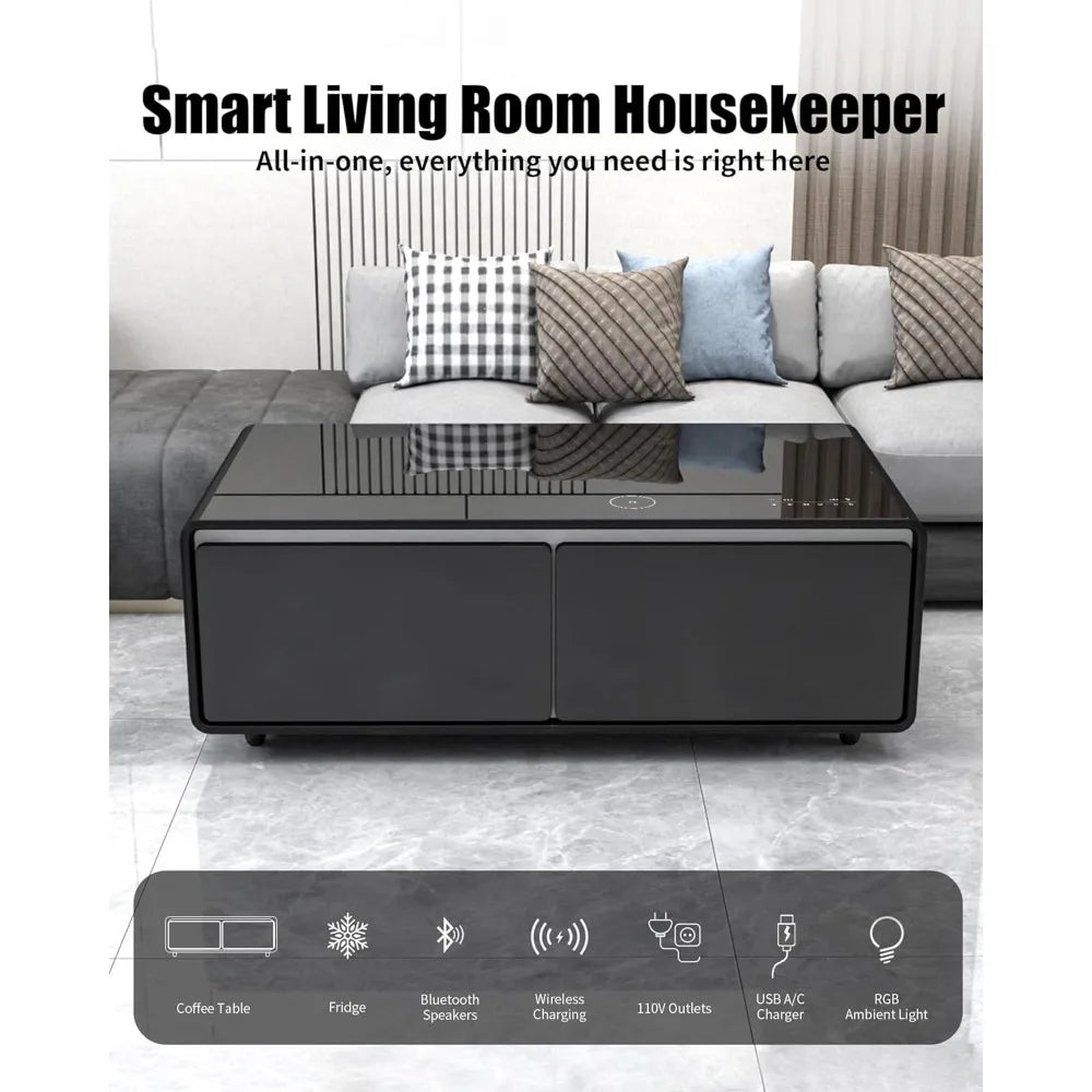Smart Coffee Table, 27.7" D x 51" W x 18.1" H,Living Room Table with Built in Fridge and Speakers,Smart Table with 15W Wireless