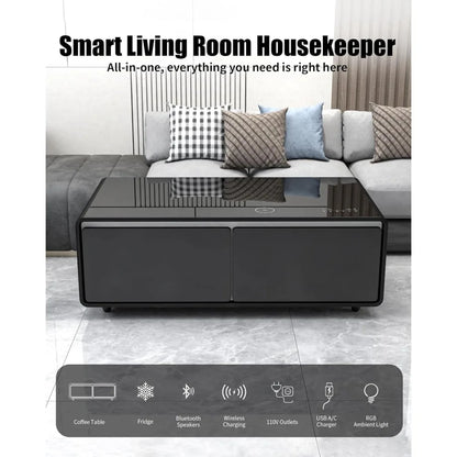 Smart Coffee Table, 27.7" D x 51" W x 18.1" H,Living Room Table with Built in Fridge and Speakers,Smart Table with 15W Wireless